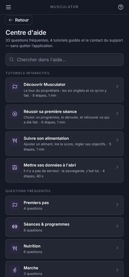 Centre d'aide : recherche, tutoriels interactifs et catégories de questions fréquentes.
