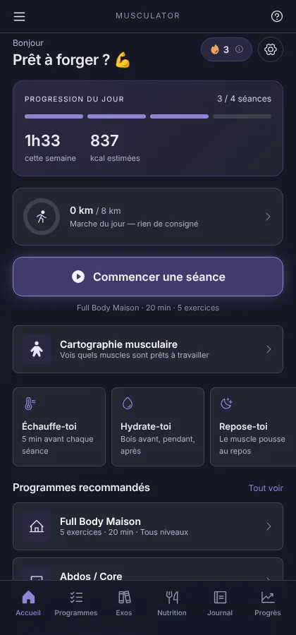 Capture de l'application : écran d'accueil avec la progression du jour, la marche du jour, le bouton « Commencer une séance » et des programmes recommandés.