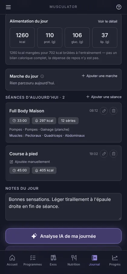 Journal du jour : alimentation, marche, séances du jour, note et bouton Analyse IA de ma journée.