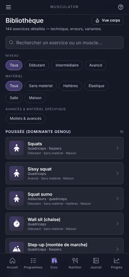 Bibliothèque d'exercices avec champ de recherche, filtres de niveau et de matériel, exercices groupés par schéma de mouvement.