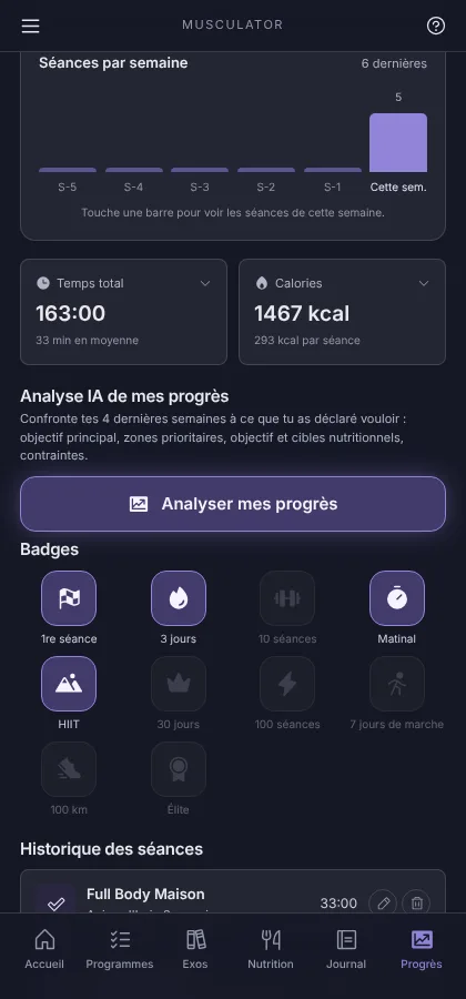 Écran Progrès : séances par semaine, temps total, calories, bouton Analyser mes progrès et badges.